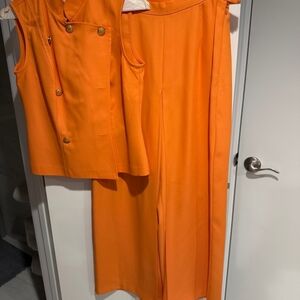 Elegant Orange Sleeveless Pantsuit Wide Leg Pants